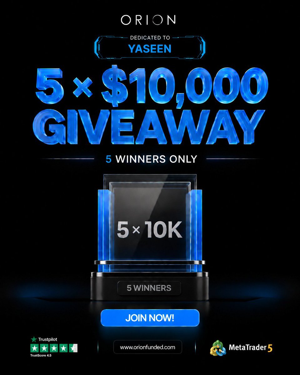 yerseen_'s tweet photo. 🚨 $50K GIVEAWAY 🚨

We’re giving away 5 × $10K Orion Funded accounts to the community 

How to enter:
✅ Follow @OrionAffiliates @Orionfundedcom
✅ Follow @yerseen_ @ICT_therapist 
✅ Retweet and tag 3 friends 

5 winners. $50,000 in total funding

Good luck everyone https://t.co/SyyDPWewXy