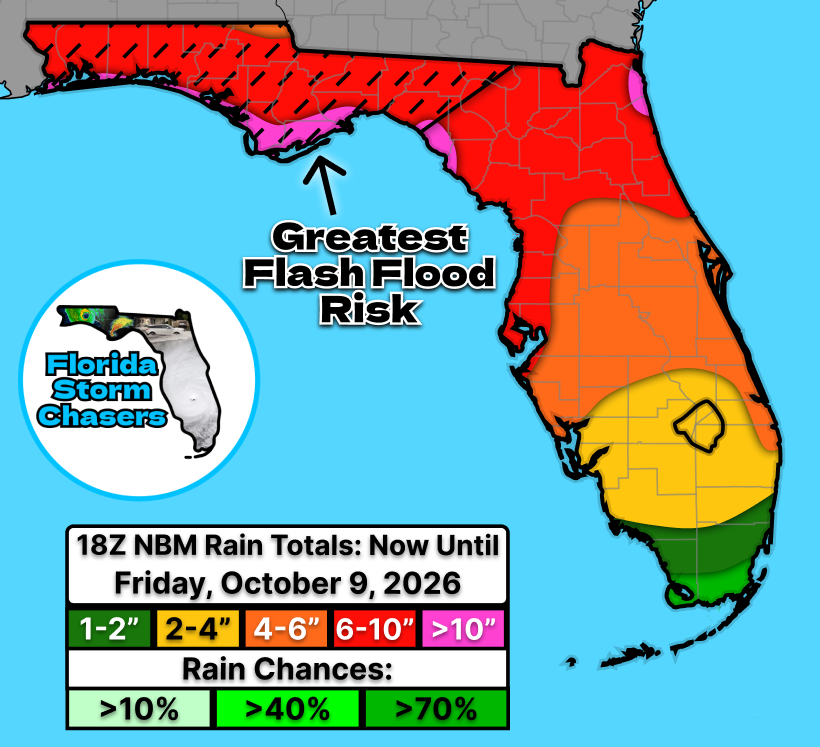 FLStormChasers_'s tweet photo. 🌧️A FOOT OF FLORIDA RAIN!🌧️
UPDATE: Models are becoming even MORE BULLISH that a foot of 6-12 inches of rain could fall across the #Florida panhandle and NFL. The biggest risk of flash flooding now includes Tallahassee, especially on Sunday. Avoid flooded roads!

#flwx