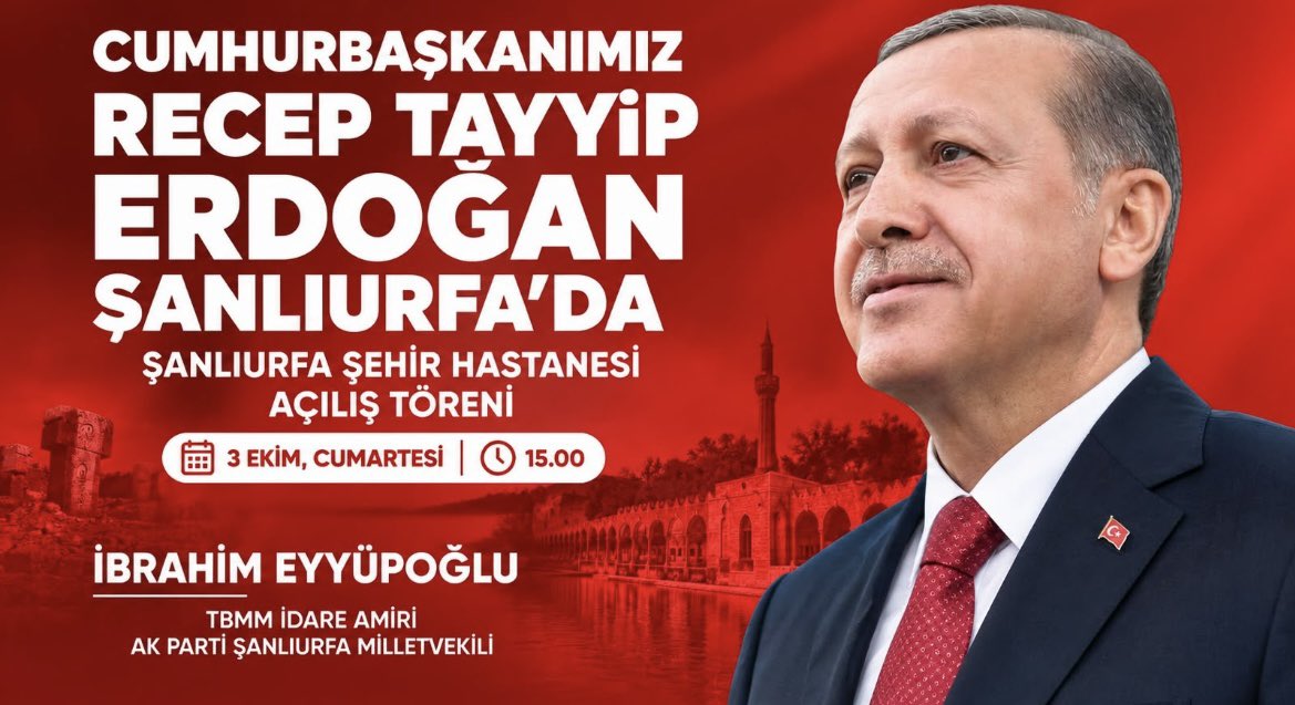 Halilgoktepee's tweet photo. Cumhurbaşkanımız Sayın Recep Tayyip Erdoğan’ın teşrifleriyle Şanlıurfa Şehir Hastanesi açılıyor.

🗓️ 3 Ekim 2026 Cumartesi 
⏰ 15.30
📍 Şanlıurfa Şehir Hastanesi @ibrahimeyyupogl https://t.co/twUKVhDY9j