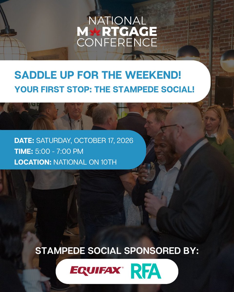 MortgageProsCan's tweet photo. Saddle up! We’re kicking off the National Mortgage Conference with a little Calgary spirit at the Stampede Social.

Join us for an evening of good conversations, new connections and a taste of the West as we welcome you to Calgary and get the conference weekend underway.

📅 Saturday, October 17, 2026
🕔 5:00–7:00 PM
📍 National on 10th | Calgary, AB

We can’t wait to welcome you to Calgary, let’s get this weekend started! 🤠

--

En selle! Nous donnons le coup d'envoi du Congrès hypothécaire national à la mode de Calgary, avec notre Soirée Stampede.

Venez passer une soirée de belles conversations, de nouvelles rencontres et de saveurs de l'Ouest, pour fêter votre arrivée à Calgary et lancer le week-end de la conférence.

📅 Samedi 17 octobre 2026
🕔 De 17 h à 19 h
📍 National on 10th | Calgary (Alberta)

Nous avons hâte de vous accueillir à Calgary. Que la fête commence! 🤠

#ElevateWithMPC #AvancezAvecPHC @Equifax