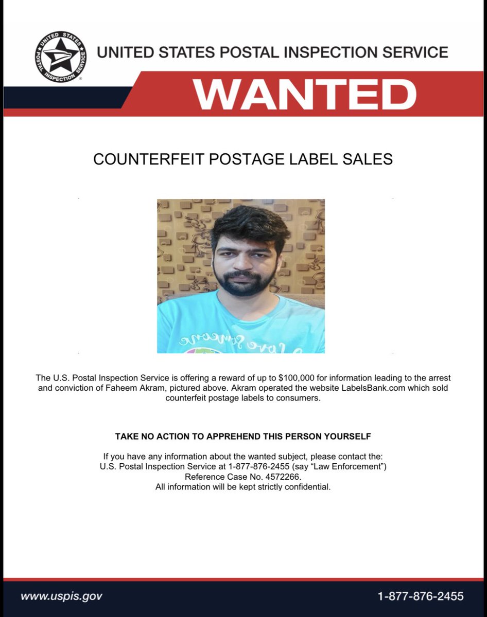 ShoaibMithal's tweet photo. Authorities ke mutabiq us par counterfeit USPS postage labels sell karne ka allegation hai. Information leading to arrest &amp; conviction par up to $100,000 reward announce kiya gaya hai.

#Pakistan #USPS #FraudCase #UnitedStates #News https://t.co/R8dieJojZs
