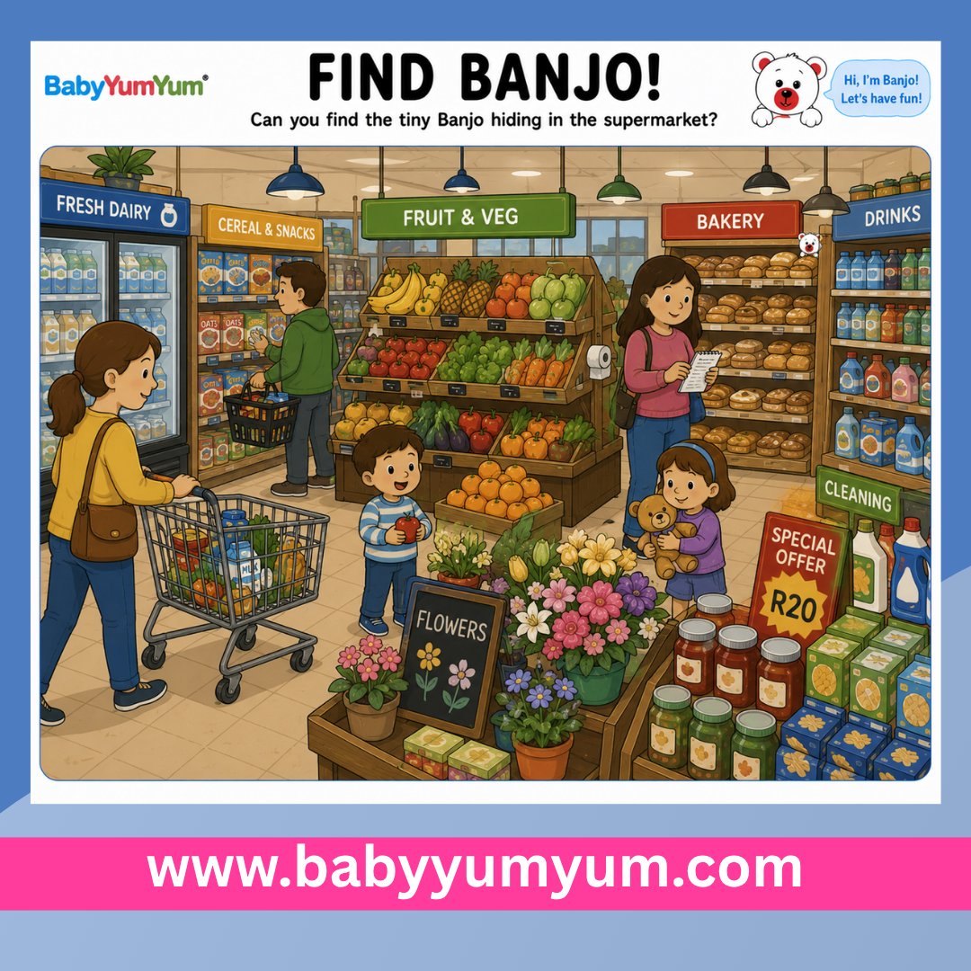 BabyYumYumSA's tweet photo. 🛒🐻 Banjo’s gone shopping!

Can you find Banjo hiding somewhere in the supermarket? 👀🔎

Tell us when you spot him, but don’t give away his hiding place! 🤫

#BabyYumYum #BYY #Motherhood #MomLife #Parenting #FindBanjo https://t.co/gl3dE8YGl9