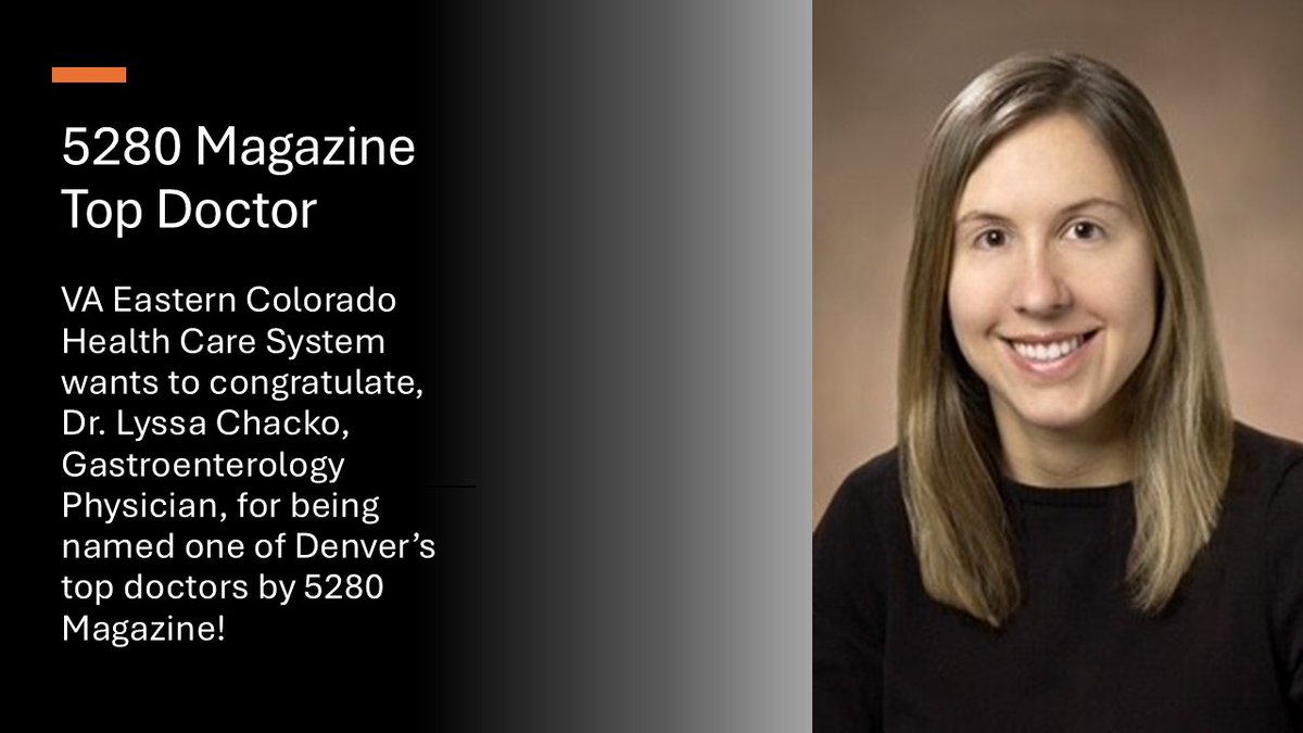 VAECHCS's tweet photo. VA ECHCS would like to congratulate Dr. Lyssa Chacko, Gastroenterology Physician, for being selected by the Denver-based magazine publication, 5280 Magazine, which recently released its list of the top doctors in the Denver area. https://t.co/vBhOBVuYg9
