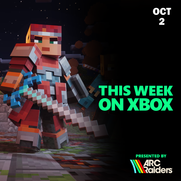 A blocky, voxel-style character in red and teal armor wields a pixelated sword against a dark night backdrop, promoting the "This Week on Xbox" highlight show dated October 2 and presented by ARC Raiders.