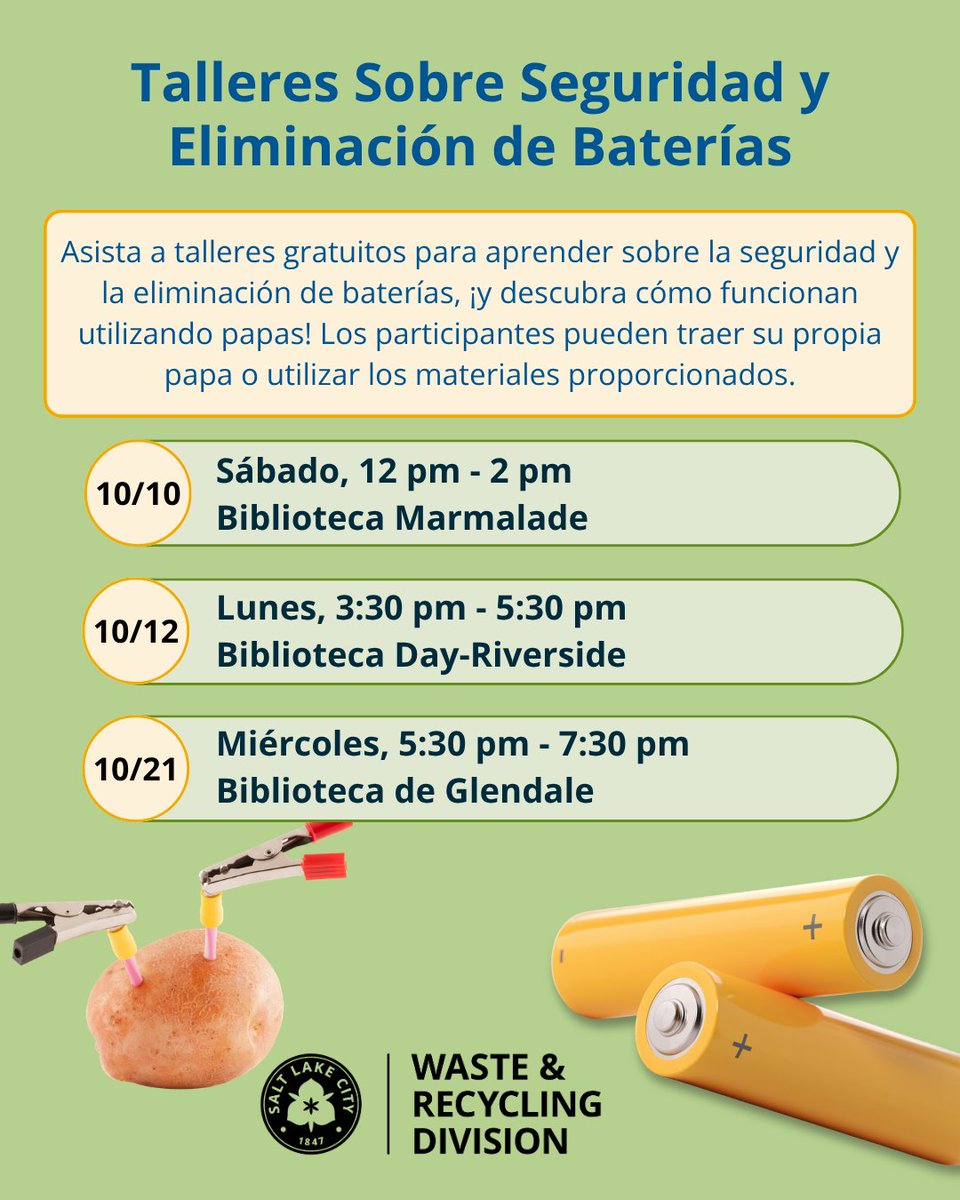 SLCgreen's tweet photo. ¡Se acerca otro mes lleno de eventos! Nuestro equipo ha estado trabajando arduamente para organizar talleres gratuitos de reparación y eventos temporales de recolección de artículos difíciles de reciclar. Para más información, visiten https://t.co/RHeRQuVE6y (enlace en la bio). https://t.co/skv7fZL3bJ