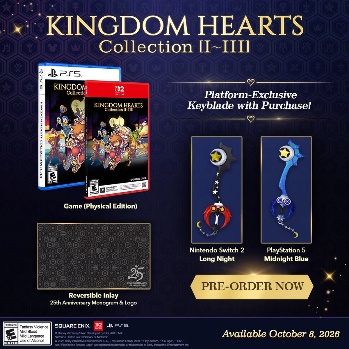 Nintendeal's tweet photo. KINGDOM HEARTS Collection [I–III] is out this week on Switch 2 / PS5 / Xbox

Switch 2 and PS5 physical release pre-orders include reversible cover art and a platform-exclusive Keyblade (Red for SW2, blue for PS5)

Amazon Exclusive Edition includes a double-sided poster: https://t.co/fS8duehAJ7 #ad

Best Buy: https://t.co/pk59ZQGx8U
Walmart: https://t.co/VnBOX353kW
Target: https://t.co/2ueBBP2YWy

128GB download required for Switch 2 (too big to fit on a game card). Download is also required for PS5 as it's also too big for a single disc.