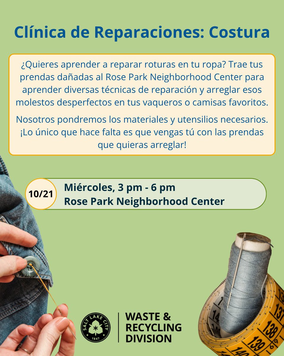 SLCgreen's tweet photo. ¡Se acerca otro mes lleno de eventos! Nuestro equipo ha estado trabajando arduamente para organizar talleres gratuitos de reparación y eventos temporales de recolección de artículos difíciles de reciclar. Para más información, visiten https://t.co/RHeRQuVE6y (enlace en la bio). https://t.co/skv7fZL3bJ