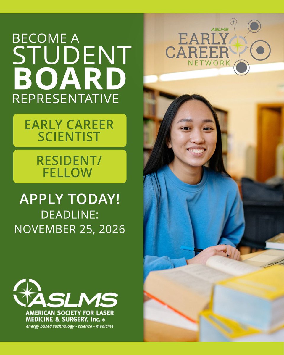aslmsedu's tweet photo. Now accepting applications for one Early Career Scientist and one Resident/Fellow Student Board Representative for the 2027-2029 term.
Learn more and apply at https://t.co/77nlkjX5Ln.
#leadership #earlycareer #resident #fellow #postdoc #phdstudent #boardrepresentative https://t.co/refrYQ4uld