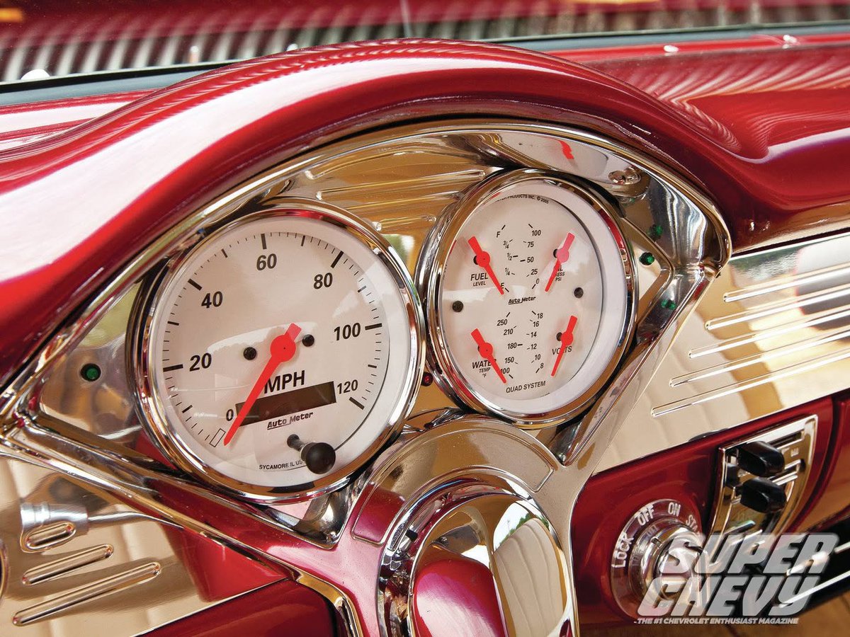 AutoMeter's tweet photo. There's something about a clean set of AutoMeter gauges in a classic dash. Chrome, white faces, and the information you need right where you want it.

#autometer #trifive #chevyperformance #poweredbychevy https://t.co/D61LrLAs0C