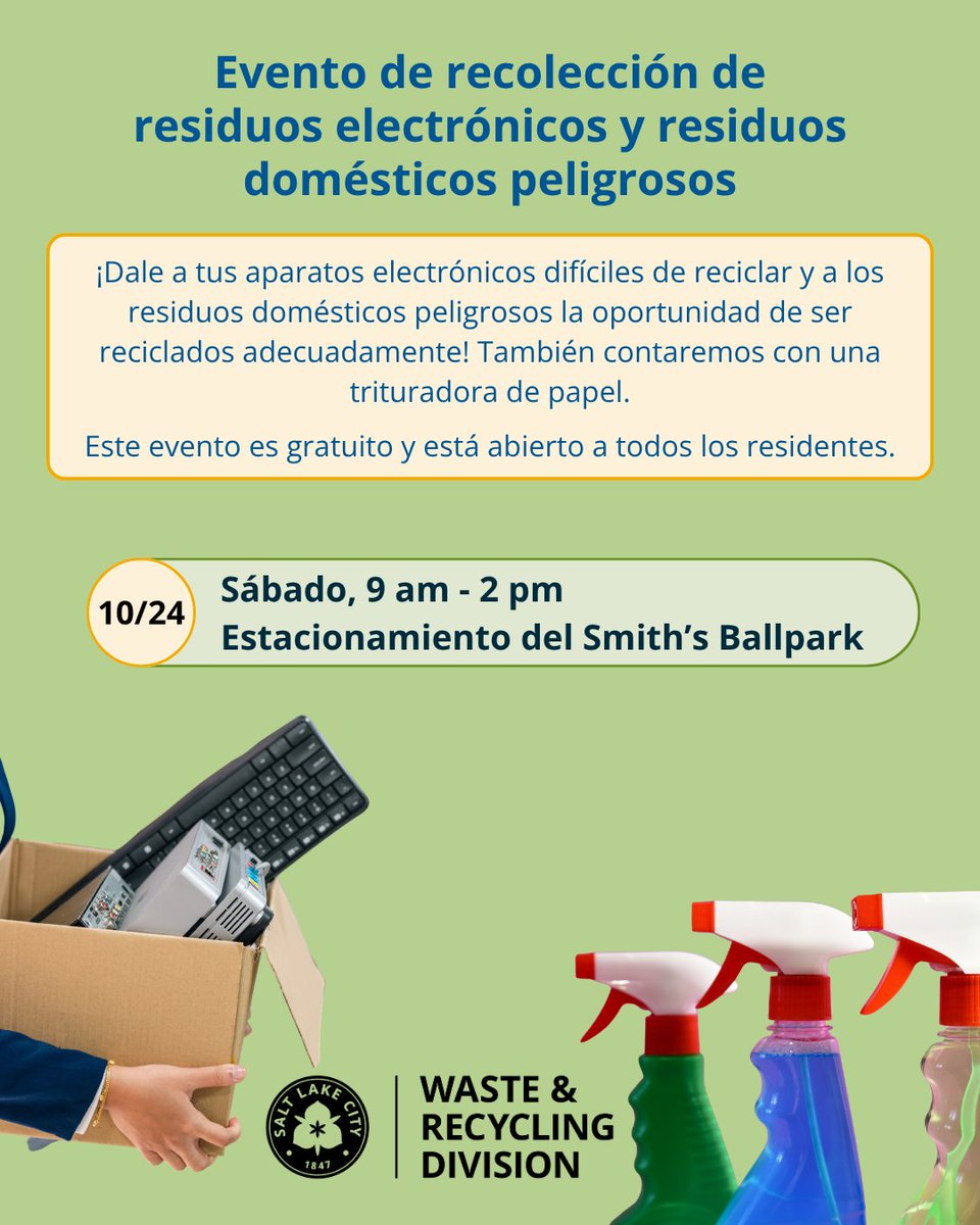 SLCgreen's tweet photo. ¡Se acerca otro mes lleno de eventos! Nuestro equipo ha estado trabajando arduamente para organizar talleres gratuitos de reparación y eventos temporales de recolección de artículos difíciles de reciclar. Para más información, visiten https://t.co/RHeRQuVE6y (enlace en la bio). https://t.co/skv7fZL3bJ