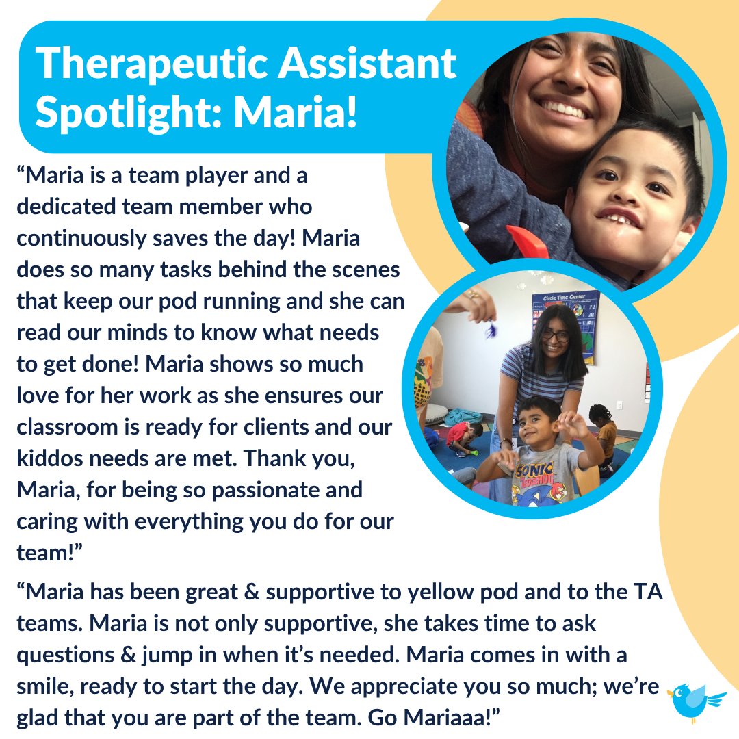 BBDProgram's tweet photo. We're celebrating our incredible TAs with spotlights written by their coworkers! #therapeuticassistant #TA #TAs #therapeuticassistants #staffspotlight #employeespotlight #bluebirddayprogram #teamworkmakesthedreamwork #teamwork #spotlight #therapyprogram #pediatrictherapy https://t.co/vv2ESmFjE7