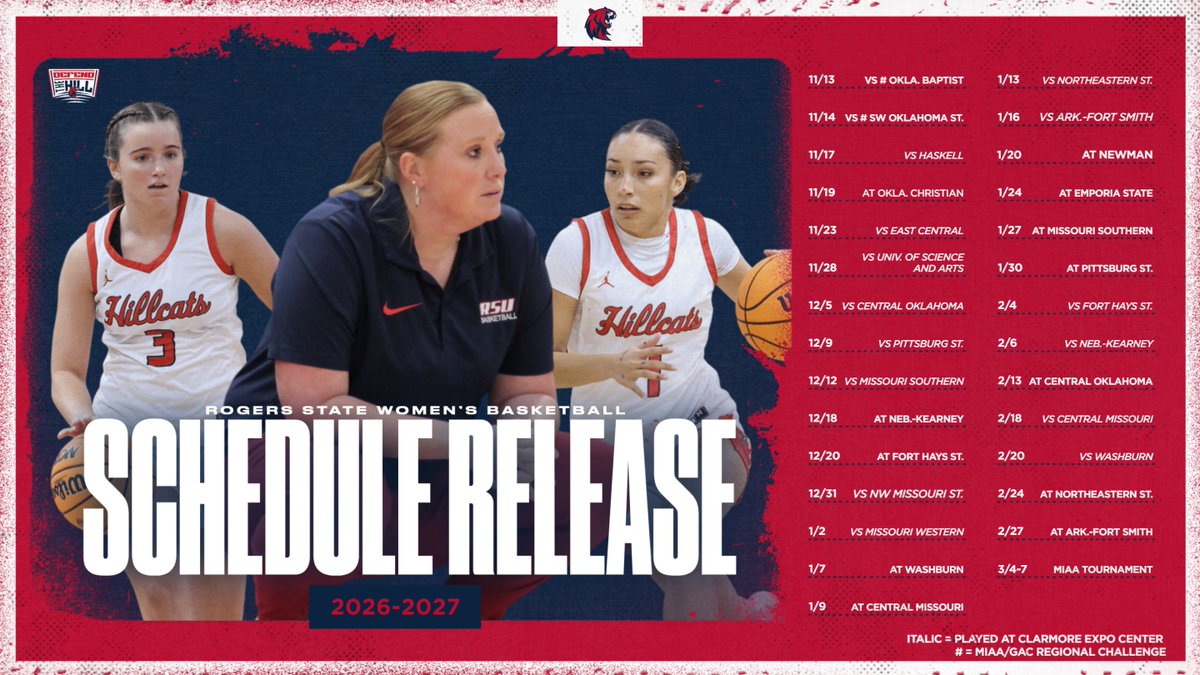 RSUHillcats's tweet photo. 🏀 NEWS: Rogers State Women's Basketball Unveils 2026-27 Schedule

📰- https://t.co/V2sbvleBdI

#DefendtheHill https://t.co/7n6Q3Fwebu