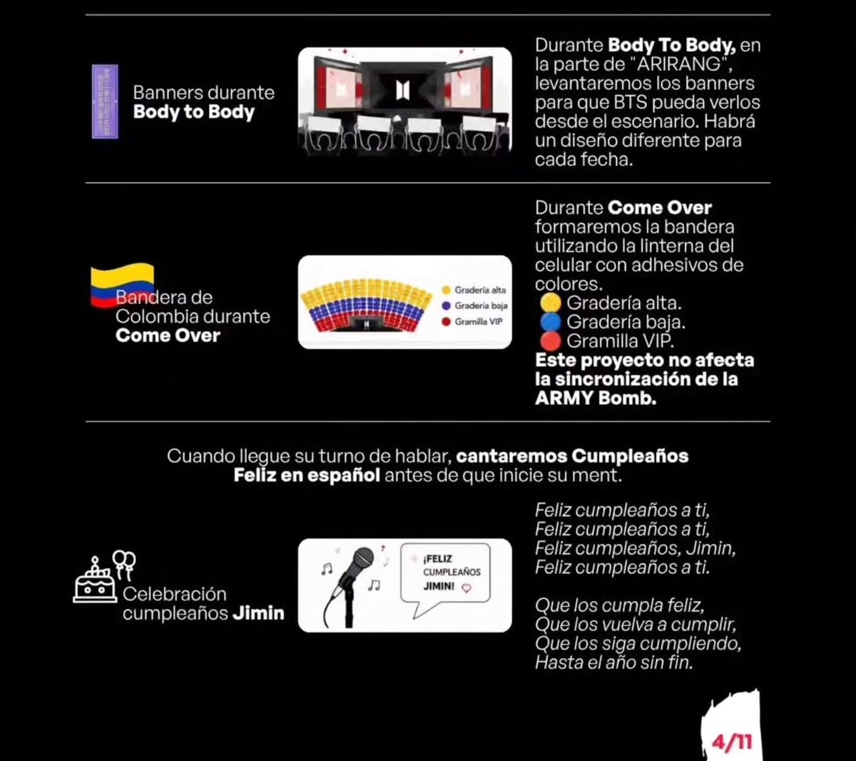 _sgminseven's tweet photo. FAN PROJECTS COLOMBIA DAY 1 ARIRANG TOUR 🇨🇴
-During ARIRANG in 'Body to Body', raise the banner that says “After a long wait, our spring day has finally come to Colombia”
-Form the Colombian flag 🇨🇴 throughout the stadium during 'Come Over'
-Before Jimin begins his final speech, ARMY will sing “Feliz Cumpleaños” (happy birthday) to him in spanish in advance