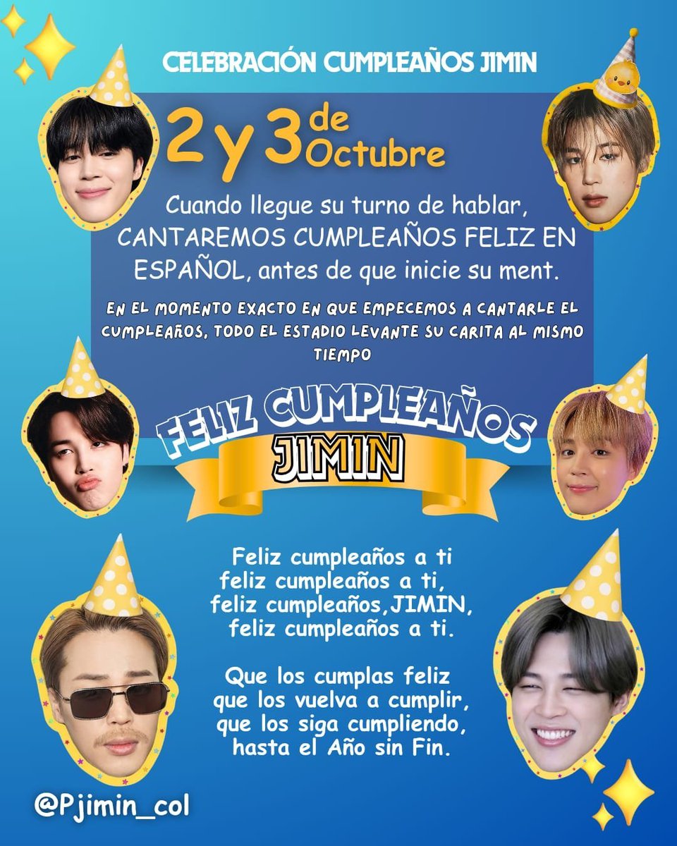 _sgminseven's tweet photo. FAN PROJECTS COLOMBIA DAY 1 ARIRANG TOUR 🇨🇴
-During ARIRANG in 'Body to Body', raise the banner that says “After a long wait, our spring day has finally come to Colombia”
-Form the Colombian flag 🇨🇴 throughout the stadium during 'Come Over'
-Before Jimin begins his final speech, ARMY will sing “Feliz Cumpleaños” (happy birthday) to him in spanish in advance