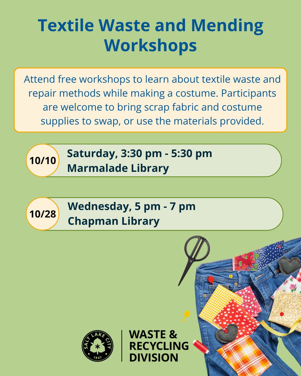 SLCgreen's tweet photo. Another month of events coming right up! Our team has been hard at work setting up free fix-it clinics and pop-up events for hard to recycle items! We’ll have accepted items and other details on our website. For more information, check out https://t.co/RHeRQuVE6y (link in bio). https://t.co/MpqykMlwEO
