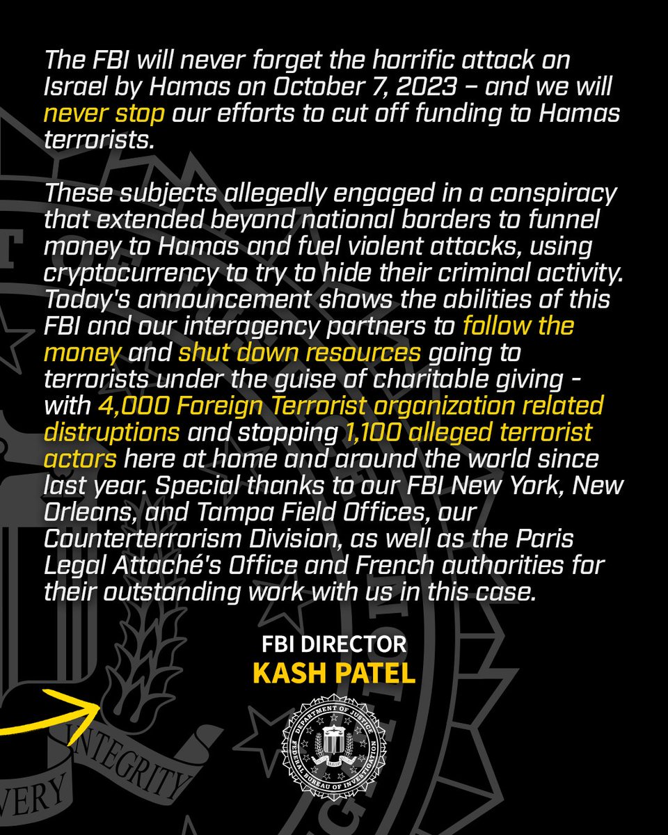 FBI's tweet photo. NEWS RELEASE from @NewYorkFBI, @FBINewOrleans and @FBITampa: Coordinated Arrests and Charges Dismantle Hamas Terror Finance Network Raising Funds from the United States.

Read more about how this #FBI is disrupting terrorist operations: https://t.co/sZT8Pf48Ys https://t.co/06A8rC2Ft8