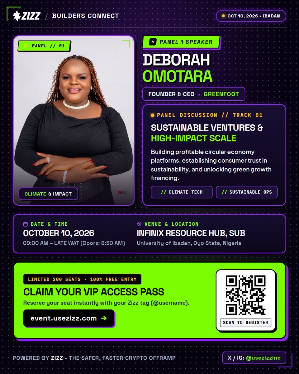 usezizz's tweet photo. 🎤 Speaker Spotlight: Deborah Omotara

Founder &amp; CEO of GreenFoot joins ZIZZ Builders Connect to share insights on Sustainable Ventures &amp; High-Impact Scale. 🌱🚀

📍 Ibadan | 🗓 Oct 10
🎟️ FREE ENTRY
🔗 https://t.co/gSnINYczz5 https://t.co/SdVPeykB70