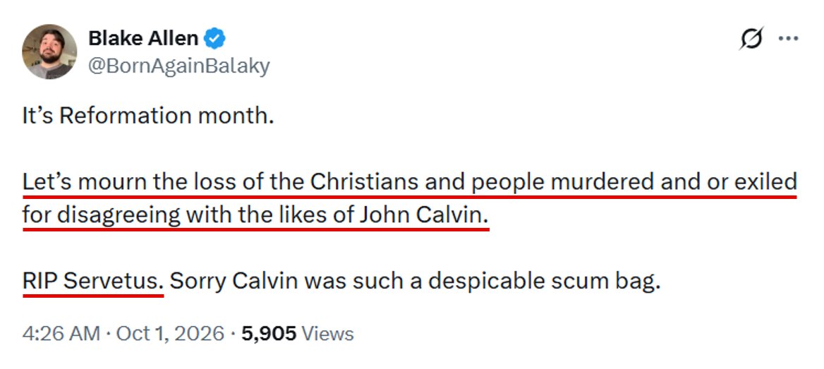 ronhenzel's tweet photo. No One Was Ever Executed in Geneva for “Disagreeing” with John Calvin (1509-1564)

By the time Michael Servetus (c. 1511-October 27, 1553) reached Geneva, Switzerland, he’d been a fugitive from Roman Catholic justice as a notorious heretic for 21 years following the July 17, 1532 decree of the Inquisition at Toulouse that he should be arrested to stand trial for his 1531 book, De Trinitatis Erroribus (On the Errors of the Trinity).

He eluded Catholic authorities all those years by traveling and working under assumed names (Michel de Villeneuve, Miguel de Villanueva, and sometimes the nickname Revés) until shortly after he decided to publish another heretical book while working in Vienne, France, as physician to the archbishop (of all things!).

After years of being off everyone’s radar, he wrote to Calvin in early 1546, including portions of the book he was working on and requesting safe passage to Geneva in order to have a face-to-face debate with him over the Trinity and other topics, which Calvin refused.

About 7 years later, on January 3, 1553, his latest anti-Trinitarian Christianismi Restitutio (Christianity Restored) came off the presses, which restated and elaborated upon all the heresies in De Trinitatis Erroribus that made him a fugitive in 1532, but without naming a printer, place of origin, or the identity of the author beyond the initials “MSV” (for Michael Servetus Villanovanus).

He no doubt thought he’d go undetected as the author, even with his locally high-profile position, but he was eventually identified and then arrested on April 4, 1553. After formal interrogations on April 5 and 6, Servetus escaped on April 7 and was condemned to death by burning in absentia and was burned in effigy in Vienne on June 17, nearly 2 months before his arrest in Geneva.

And they didn’t do all that because Servetus “disagreed with Calvin.” Far from it!

The fugitive Servetus was now a man on the run, his life in jeopardy throughout France, so he headed for Geneva, about 109 miles (175 kilometers) northeast by road, where he was arrested after some attendees recognized him during afternoon worship on Sunday, August 13th.

In the 38-count August 14, 1553, indictment against Michael Servetus, the only person executed for heresy during Calvin’s tenure in Geneva, Switzerland, not a single charge had anything to do with election, predestination, total depravity, particular redemption, effectual calling, or perseverance of the saints.

Considering the 20 or so charges that include the doctrine of the Trinity, these alone were sufficient to condemn Servetus to death both in Roman Catholic and other Protestant cities—and again, none of this had anything to do with Servetus “disagreeing” with Calvin.

Martin Luther (1483-1546) Had Affirmed the Necessity of Executing Notorious Heretics

In his commentary on Psalm 82, Martin Luther wrote, “Moses in his Law commands that such blasphemers and indeed all false teachers should be stoned (Lev. 24:16). So, in this case, there ought not to be much disputing…” (LW 13:62). And in 1531, Luther signed a memorandum of advice (Gutachten) composed by his protégé Philip Melanchthon to Elector John of Saxony, as well as a second one in 1536 to Landgrave Philip of Hesse, both of which assented to the execution of Anabaptists for religious views that were deemed seditious (for the first see Corpus Reformatorum, volume 4, columns 737–740; for the second, Weimarer Ausgabe, volume 50, pages 6–15).

Philip Melanchthon (1497-1560) Endorsed Servetus’s Execution

Nearly a year after Servetus’s execution, on October 15, 1554, the mild-mannered Melanchthon wrote, “The church, both now and in all generations, owes and will owe you a debt of gratitude. I entirely assent to your judgment. (Tuo judicio prorsus adsentior.) And I say, too, that your magistrates did right in that, after solemn trial, they put the blasphemer (hominem blasphemum) to death.” (Philip Schaff and David Schley Schaff, History of the Christian Church, volume 7 [New York: Charles Scribner’s Sons, 1910], 62.)

This Was in Keeping with the Common Political View of Those Times

The general political consensus in the 16th century was that notorious heresy was not only a sin against the church but also a crime against the state deserving punishments up to and sometimes including death.

Since the 13th century, kings, princes, and other magistrates operated on the assumption that once heretics were tried and found guilty by the church, they were turned over to the magistrate for civil punishment. Maintaining social order among the masses was seen as dependent to some extent on maintaining a degree of obedience to the church, and rulers accepted this role.

Protestant cities altered this process by removing the office of church inquisitor that had been responsible for trying heretics and instead trying heretics themselves in order to remove coercive power from the church. This fact serves as historical background for Calvin’s role in Servetus’s trial.

Calvin’s Authority in Geneva Is Often Grotesquely Exaggerated

For all practical purposes, John Calvin was a foreign (French) employee of the Genevan government that had hired him. To the extent that the government wanted their head pastor to be respected, as any 16th century government with a state church would, they protected him and his reputation.

But that wasn’t always the case. There were times he was on thin ice, and once the ice completely broke under him.

Up through the time of Servetus’s trial, the Church in Geneva could be overruled by the City Council (le Petit Conseil). To be a council member you had to not only be a citizen, but your parents did as well. As a Frenchman, Calvin didn’t even become a citizen until 1559, 6 years after Servetus’s execution, 5 years before his own death, and 23 years after he first came to Geneva.

He didn’t even have the power to change the church liturgy or church calendar without council approval. The council refused his requests for weekly communion and common as opposed to unleavened bread, and it refused to give the church’s pastors sole authority in church discipline cases.

At most, Calvin could influence its decisions in civil matters, but it had no problem rejecting his requests and suggestions, as for example when he pleaded for a more humane execution for Servetus than burning at the stake and it turned him down.

Calvin had devoted some time and energy trying to persuade Servetus to repent and believe. In Paris in 1534, at some personal risk as a Protestant there, he arranged a personal meeting, but Servetus stood him up.

Calvin tried to take advantage of the opportunity when Servetus initiated correspondence with him in 1546 by sending him a copy of his Institutes, but his efforts were a dismal failure.

The Geneva council fired Calvin once in 1538 and they could have fired him any time after his return in 1541 (which the council requested) had they so chosen, and there were several times it seemed as though it would come to that again. But all this historical reality doesn’t appeal to people who prefer to rely on centuries-old slander and libel fabricated and encouraged by Calvin’s enemies.

In Servetus’s trial, Calvin served as a witness for the prosecution, the theological examiner, and the author of the prosecution’s case, but he was not the prosecutor. That job belonged to Geneva’s public prosecutor, who presented the case that Calvin authored.

For further reading on this topic: Alister E. McGrath, A Life of John Calvin, 107-110.

The Geneva Council Did Not Consult with Calvin When It Came to Sentencing Servetus

Before the Genevan council sentenced Servetus, it sent a written request for advice to the magistrates and ministers of four other Swiss Protestant cities, Zürich, Bern, Basel, and Schaffhausen.

Those cities’ replies were received in Geneva on October 18, 1553, were unanimous in condemning his doctrine as heresy and blasphemy and in urging that he be stopped, with force if necessary so the churches would not be infected.

The cities didn’t specify what kind of force. The idea of burning at the stake came from the council. Calvin’s request for a more merciful execution was overruled on October 26, 1553, the day the sentence was issued.