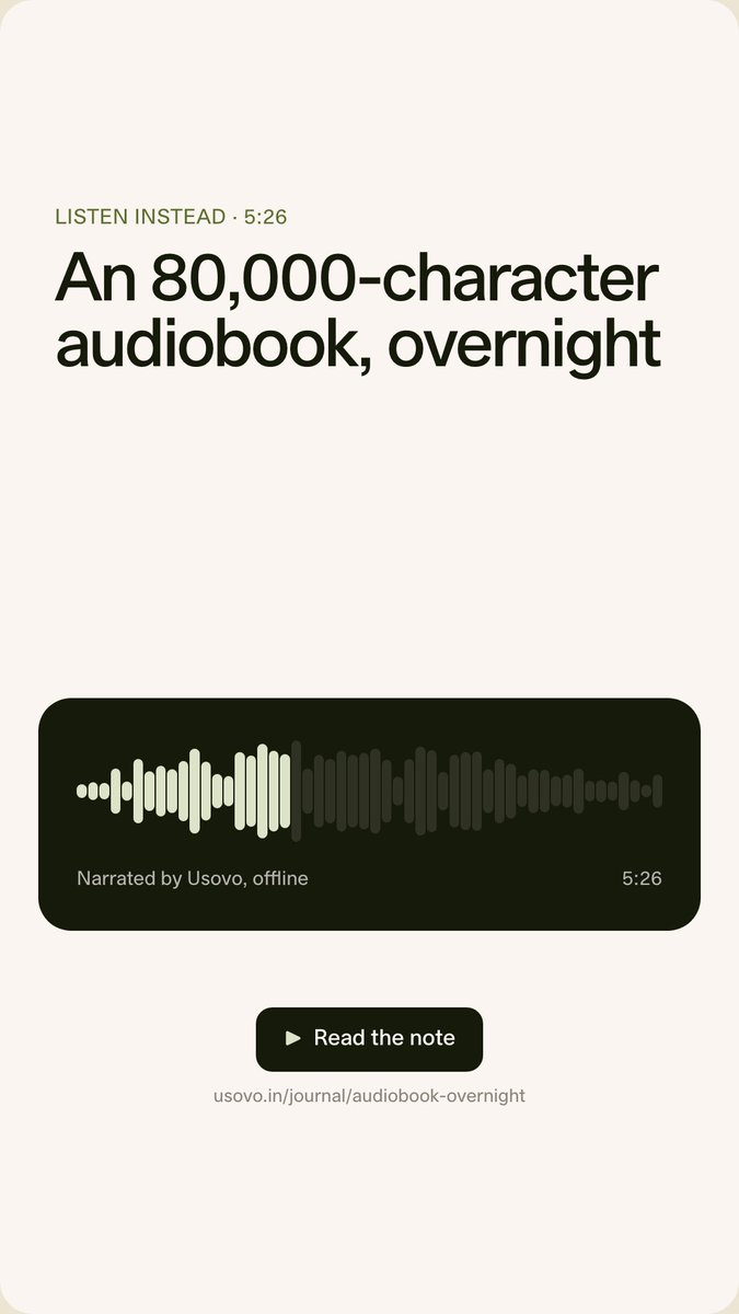 Kiddowander's tweet photo. Paste a manuscript, pick a cast, close the lid. What actually happens while you sleep. 4 min read, 5:26 narrated.

#audiobooks #texttospeech #localfirst https://t.co/7VGpW22HEm