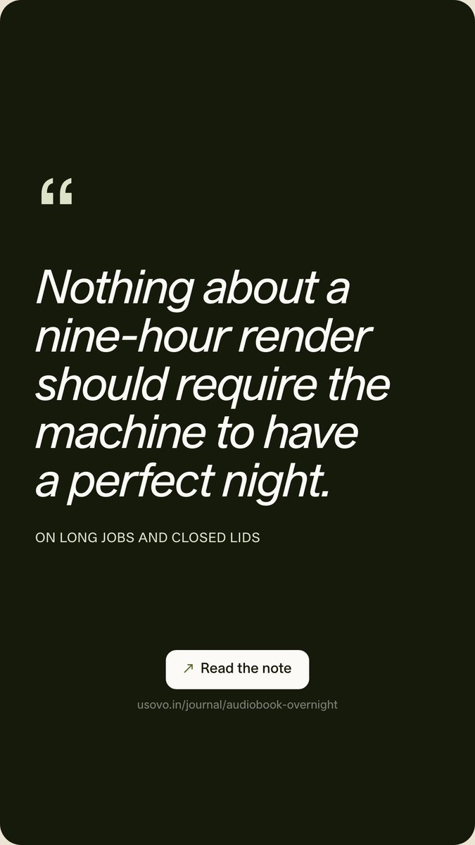 Kiddowander's tweet photo. Paste a manuscript, pick a cast, close the lid. What actually happens while you sleep. 4 min read, 5:26 narrated.

#audiobooks #texttospeech #localfirst https://t.co/7VGpW22HEm