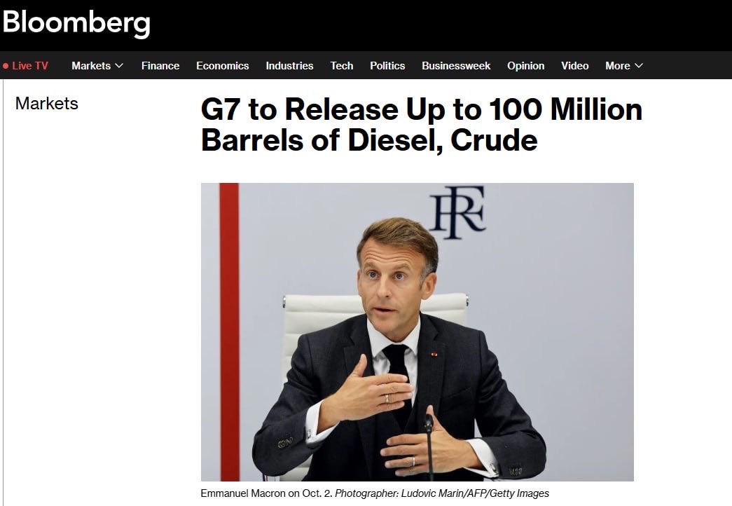 jurgen_nauditt's tweet photo. According to Macron, G7 nations will release up to 100 million barrels of oil and diesel from strategic reserves over the next four months.

The French president stated that the decision has already been made. Bloomberg reports that the Trump administration had pressured G7 nations to curb rising fuel prices.

The US threatened to restrict diesel exports if Europe did not increase supply.

Trump welcomed the decision, stating that Europe holds large diesel reserves and that their release would begin immediately.