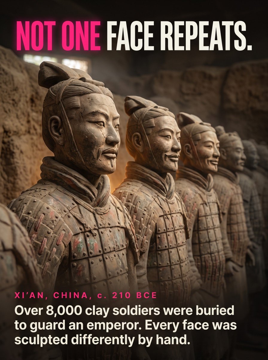 antiquityecho's tweet photo. No Two Faces in This 8,000-Man Army Are the Same
In 1974, farmers digging a well near Xi'an, China hit something hard underground.
It was the head of a life-sized clay soldier. 
#TerracottaArmy #AncientChina #Archaeology #HistoryFacts #EchoesOfAntiquity https://t.co/uqSHtp7NBU