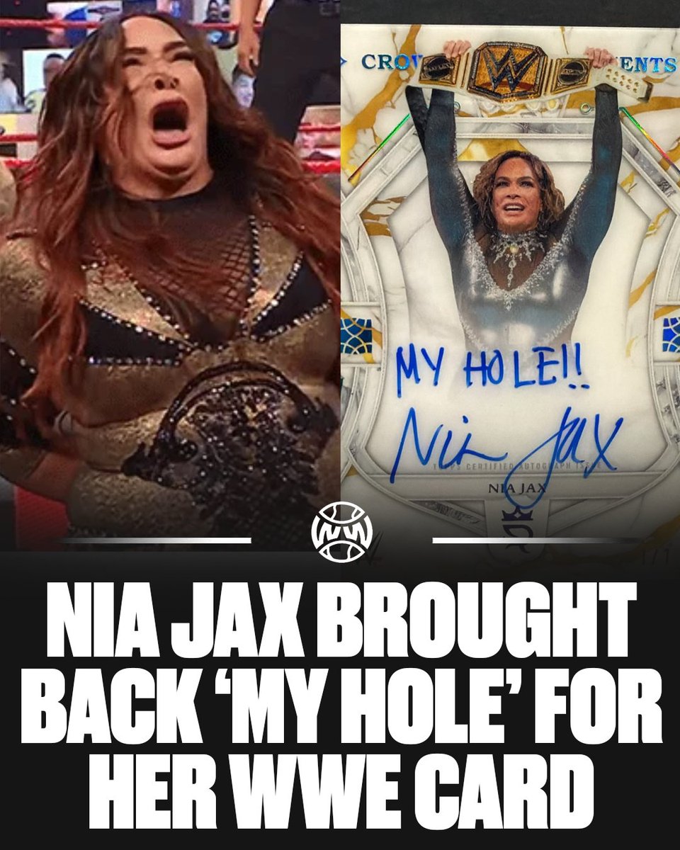 WrestlingWCC's tweet photo. Nia Jax signed a 1 of 1 card with her iconic ‘My Hole’ line ✍️😭 https://t.co/iUhiM8Y4D9