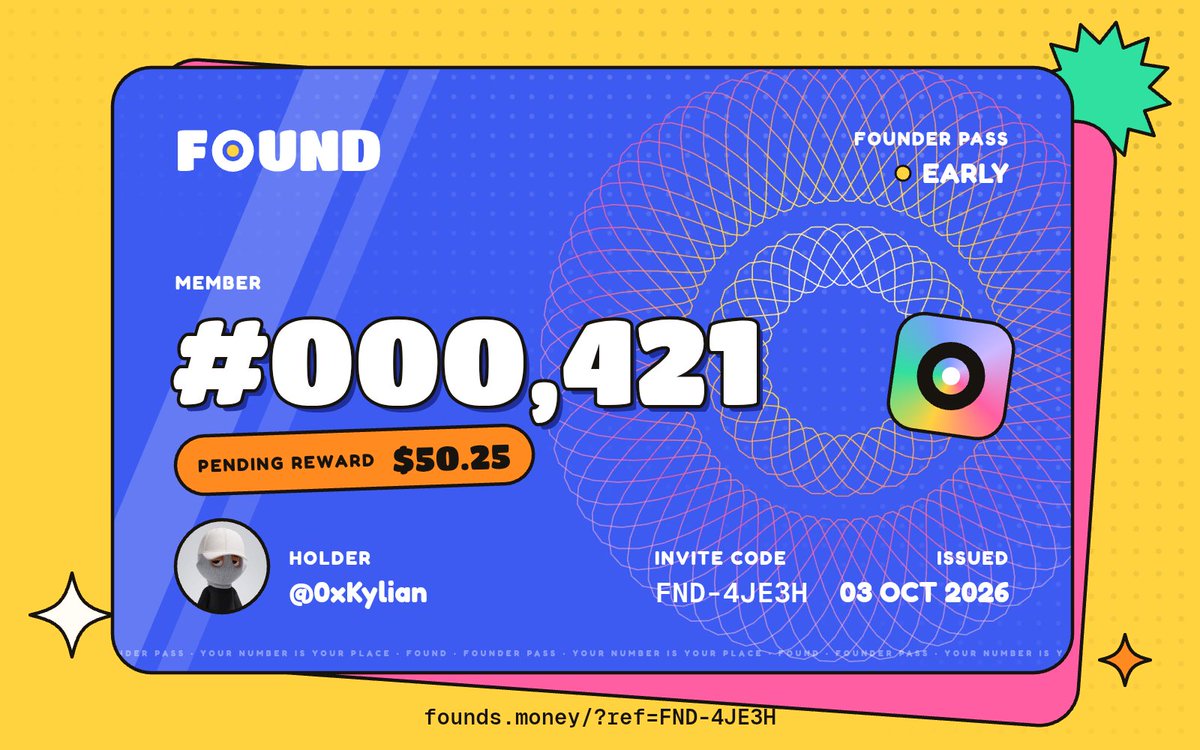 0xKylian's tweet photo. Just joined FOUND and got a $50.25 pending reward.
Member #000,421. Claim opens after launch.

Get yours: https://t.co/OLi7WmX6Kb
@foundsmoney https://t.co/eXitllk3F9