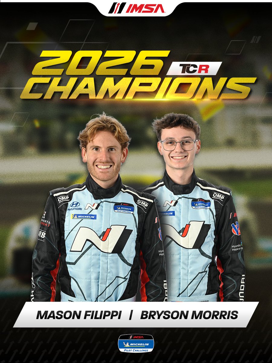 IMSA's tweet photo. CHAMPIONS! 🏆

Congratulations to the No. 33 Bryan Herta Autosport with Curb Agajanian Team, Mason Filippi, Bryson Morris and Hyundai on capturing the TCR Class Championships in Michelin Pilot Challenge!!! https://t.co/jeJImZgG1L