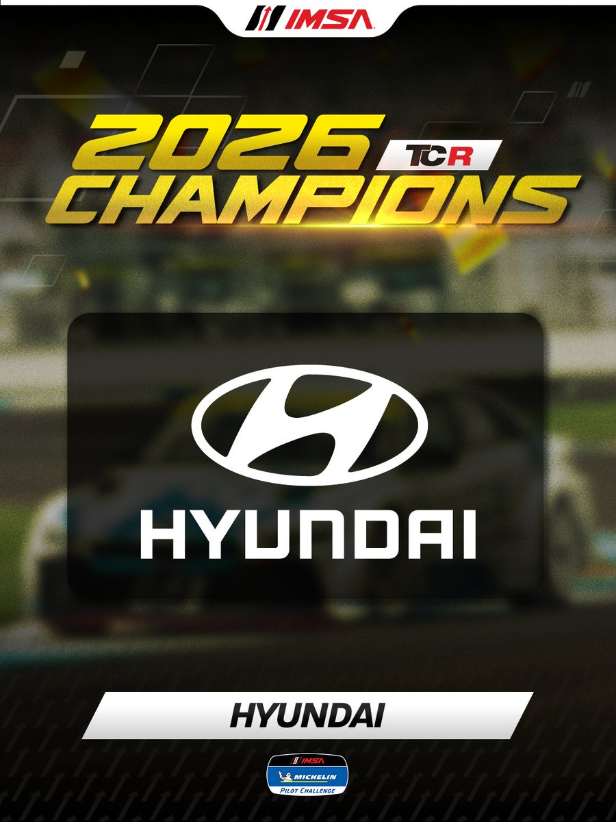 IMSA's tweet photo. CHAMPIONS! 🏆

Congratulations to the No. 33 Bryan Herta Autosport with Curb Agajanian Team, Mason Filippi, Bryson Morris and Hyundai on capturing the TCR Class Championships in Michelin Pilot Challenge!!! https://t.co/jeJImZgG1L