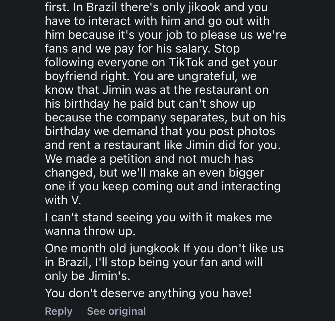 divinegria's tweet photo. Jokers harassing jk in his comments demanding to gaf about jm and stop interacting with tae. It’s not even a set up account, she has hundreds posts and 1k followers https://t.co/9LK0o3C4HB