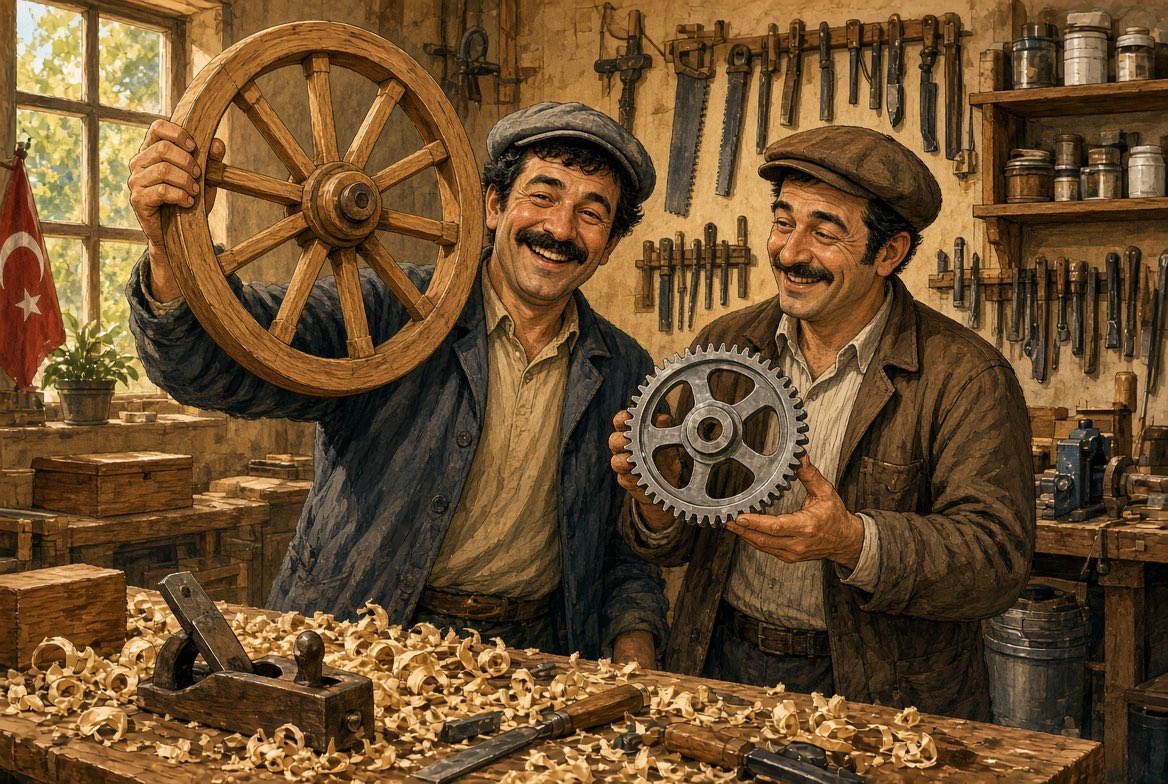 TheRealDietze's tweet photo. ￼Türkische Gastarbeiter erfinden das Rad und gleich darauf das Zahnrad, „mit scharf und alles“. https://t.co/lrjWiIEg2H