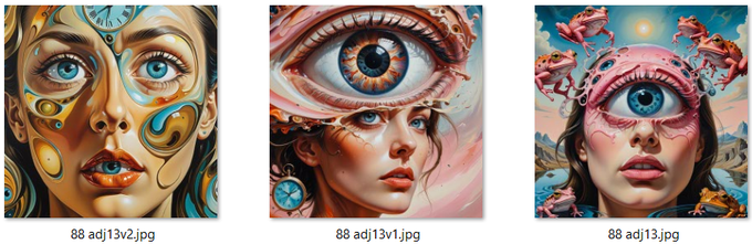 Three surreal AI-generated portrait artworks featuring women with large, prominent eyes and ornate face decorations, labeled '88 adj13v2.jpg', '88 adj13v1.jpg', and '88 adj13.jpg' respectively.