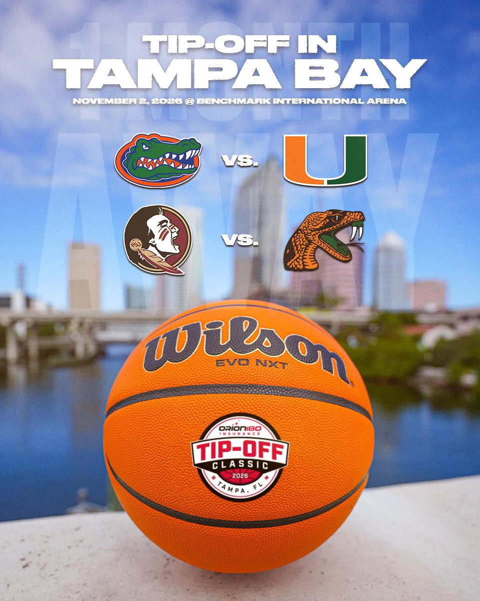 SportsTampaBay's tweet photo. ☝️ month until we tip off on the 2026-27 college basketball season!

Join us at @benchmark_arena on Nov. 2 as #TampaBay hosts the Orion180 Tip-Off Classic featuring the Florida Gators, Miami Hurricanes, Florida State Seminoles and FAMU Rattlers! 

Get your tickets now 🔗 https://t.co/bKgqCt3SoV