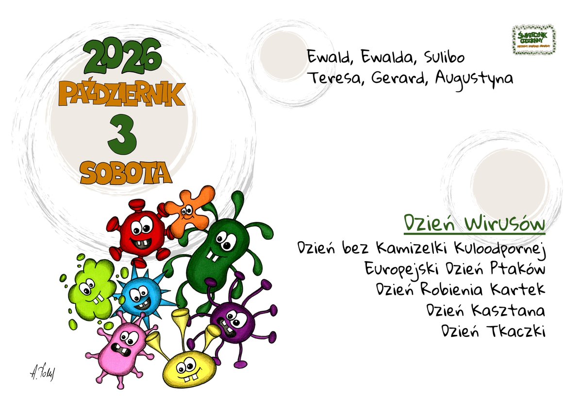 JawRav's tweet photo. Karta z kalendarza 03.10.2026
Dzień Wirusów
Virus Appreciation Day
Więcej świąt nietypowych każdego dnia na: Świątecznik Codzienny-Nietypowy Kalendarz Obrazkowy
#dzienwirusow #VirusAppreciationDay #wirus #wirusy #virus #virsudaay #swiatecznikcodzienny #kartazkalendarza https://t.co/lF0ot126yv