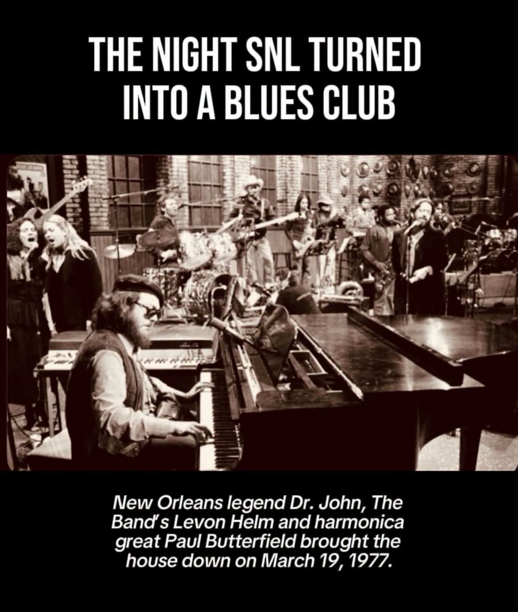akadrjohn's tweet photo. The night SNL turned into a blues club.

On March 19, 1977, Dr. John brought New Orleans to Studio 8H, joined by Levon Helm of The Band and blues harmonica great Paul Butterfield. The Meters performed that night too.
#SNL #DrJohn #LevonHelm #PaulButterfield #TheMeters https://t.co/ldkQUXxI9d