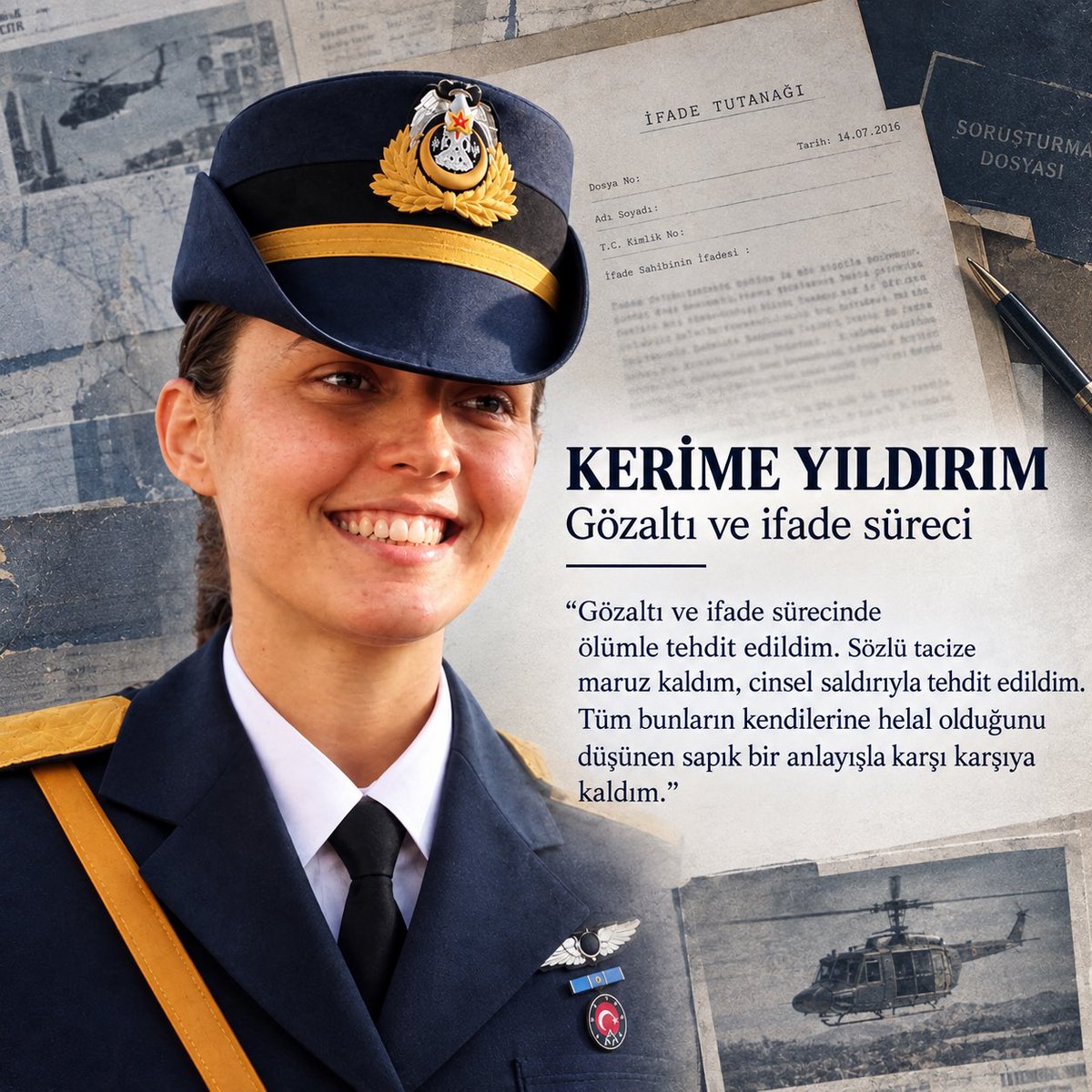 odakdunyam's tweet photo. KHK’lı pilot üsteğmen Kerime Yıldırım:

“Gözaltı ve ifade sürecinde ölümle tehdit edildim. Sözlü tacize maruz kaldım, cinsel saldırıyla tehdit edildim. Tüm bunların kendilerine helal olduğunu düşünen sapık bir anlayışla karşı karşıya kaldım.”

KerimeYıldırıma SesOl https://t.co/MMlxiBGaun