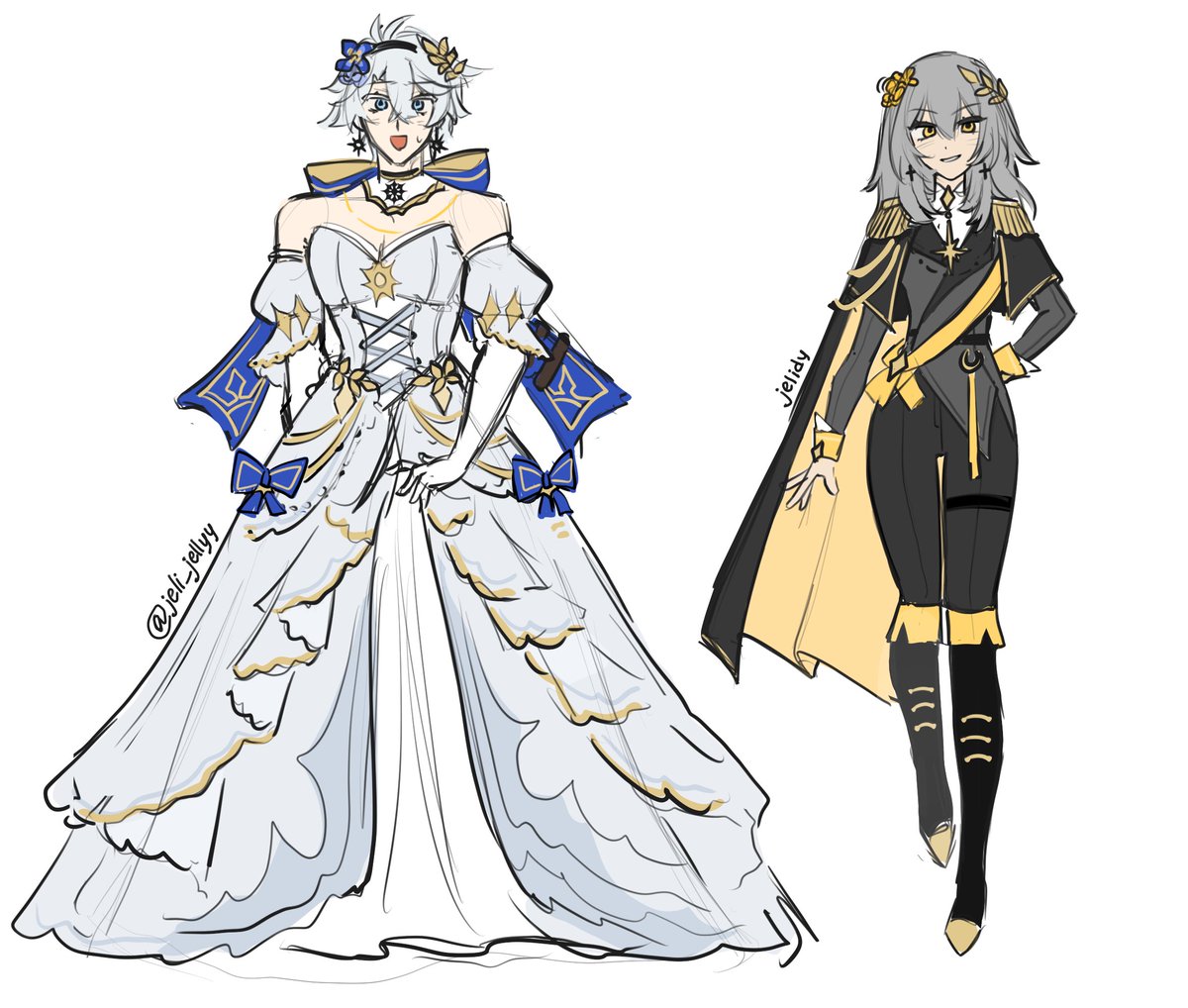 jeli_jellyy's tweet photo. i was originally inspired by cinderella but there's like nothing cinderella left in these designs so it's just princess and knight/prince outfits now (yes i just wanted to draw phainon in a dress......)

#phaistelle #stellephai https://t.co/jiKuSe2myp