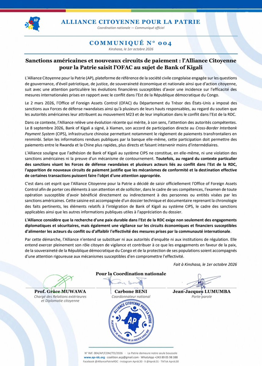 Aprdc31's tweet photo. L’Alliance Citoyenne pour la Patrie (AP) dénonce une tentative présumée de contournement des sanctions américaines et interpelle l’OFAC sur Bank of Kigali. Lire l'intégralité 👇 https://t.co/QDQCsudyq1