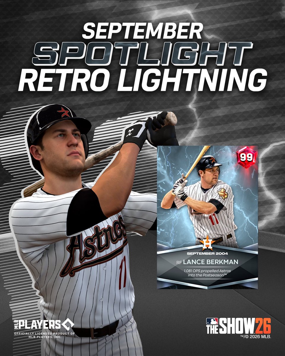 MLBTheShow's tweet photo. Lance Berkman is your September Spotlight Retro Lightning player! ⚡

Add him to your squad in MLB The Show 26 today around noon PT. ⚾ https://t.co/71xQESFlyO