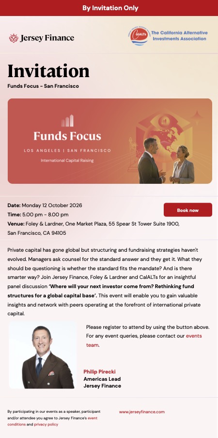 CalALTs's tweet photo. Join Philip Pirecki of @jerseyfinance for a discussion October 12th during SF Fund Week. Don't miss this important event focused on Where will your next investor come from? Rethinking fund structures for a global capital market. Registration required.
https://t.co/gSYYSQG8UO https://t.co/WD6oFBID7P