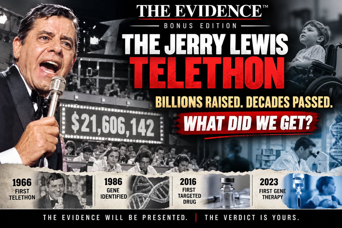 KimWojcinski's tweet photo. THE EVIDENCE™ | BONUS EDITION
THE JERRY LEWIS TELETHON

Billions Raised. Decades Passed. What Did We Get?
The evidence will be presented. The verdict is yours.

For generations of Americans, Labor Day weekend meant Jerry Lewis on television, celebrities onstage, banks of ringing telephones, firefighters filling boots with cash, children in wheelchairs and a giant tote board counting America's generosity one pledge at a time. The first Jerry Lewis Labor Day Telethon aired on a single New York television station in 1966 and raised just over $1 million. By 1970, the MDA "Love Network" had grown to 65 stations, eventually expanding to more than 150, and the Muscular Dystrophy Association says the telethons raised more than $2 billion during Lewis's 45 years as host.

That much money, collected over that many years, invites a question that nostalgia tends to avoid: What did America get for it?

The question takes nothing away from Jerry Lewis, the children and families who appeared on the broadcasts, the volunteers who answered the phones or the millions of Americans who reached for their checkbooks. Any organization that spends decades asking the public for billions of dollars to fight devastating diseases should expect someone, eventually, to look backward and compare the money raised with the medical results produced. The people watching in 1966 could only hope that their donations were moving science toward treatments and cures. Sixty years later, we have the luxury of checking the record.

AMERICA WAS NOT DONATING TO A SCIENCE FAIR

The telethon succeeded because it turned a complicated collection of neuromuscular diseases into something almost anyone could understand. There were sick children. There were researchers searching for answers. There was a telephone number. There was a tote board. Nobody had to look into the camera and promise that a cure would appear the following year because the entire presentation carried its own unmistakable implication: give enough money, support enough research, and eventually these diseases would be beaten.

People were not mailing twenty-dollar checks because they wanted another journal article published or another graduate student funded. They gave because children were losing the ability to walk, then losing the strength to breathe, and in too many cases losing their lives. They expected the money to help change that outcome.

That is why the accounting cannot stop with the total raised.

WHERE DID THE MONEY GO?

The more than $2 billion raised through the telethons did not all go into laboratories. MDA money supported a nationwide clinic network where patients could receive diagnosis and specialized care, and it also paid for wheelchairs, braces and other equipment, summer camps, support services, public education, advocacy and the expenses involved in operating a national charitable organization. Research was one destination among several.

MDA says it has invested approximately $1.1 billion in research since 1950, and some of that money came from sources other than the telethon. Even if every research dollar had come from Jerry Lewis's broadcasts, which it did not, research would still represent only about half of the telethon total. The remainder bought clinical care, equipment, patient assistance, camps, advocacy and organizational support. Those programs unquestionably helped families, but they were probably not what most viewers imagined when Jerry Lewis looked into the camera and asked America to help find answers.

That also means the $2 billion cannot honestly be divided by the number of treatments eventually approved and presented as a price per drug. The money was spread across research, patient care and an enormous support structure. What can be examined is the timeline, and that timeline is remarkable.

TWENTY YEARS JUST TO FIND THE GENE

When the Labor Day telethon began in 1966, researchers did not know the genetic cause of Duchenne muscular dystrophy, the disease most closely associated with the broadcasts. It would take another twenty years before MDA-supported researcher Louis Kunkel and his team identified the Duchenne gene in 1986. The protein produced by that gene, dystrophin, was identified the following year. Without sufficient dystrophin, muscle fibers are progressively damaged, which finally gave researchers a far clearer understanding of what they were trying to attack.

Consider what that says about the starting point. Americans had been watching telethons and sending money for two decades before science even identified the genetic defect behind Duchenne. The researchers were not standing one step away from a cure waiting for enough money to finish the job. They were still trying to understand the disease itself.

Finding the gene, however, did not produce a treatment. Another thirty years would pass before the first drug aimed at the underlying cause of Duchenne reached FDA approval.

In September 2016, the FDA granted accelerated approval to eteplirsen, sold as Exondys 51, for patients with a particular group of Duchenne mutations representing roughly 13 percent of cases. Earlier that year, MDA said it had spent approximately $209 million on Duchenne research over 65 years, more than any organization other than the federal government.

The calendar is difficult to ignore.

The first Labor Day telethon was in 1966.

The first drug of its kind for Duchenne was approved in 2016.

Fifty years had passed.

Children shown during the early broadcasts grew older, declined and died long before such a treatment reached patients. Parents who sent checks during the 1960s, 1970s and 1980s could easily have lived the rest of their lives without seeing the kind of treatment they believed they were helping to finance.

There is no need to dramatize those dates. They are dramatic enough.

THEN THE RESULTS FINALLY BEGAN TO COME

After 2016, the medical landscape began changing far more quickly. In December of that year, the FDA approved Spinraza for spinal muscular atrophy. Treatments based on exon skipping, RNA-directed medicine and gene replacement began moving from laboratories into clinical practice. In June 2023, the FDA approved Elevidys, the first Duchenne gene therapy, initially for young boys who could still walk. Its history has not been smooth; after patient deaths involving acute liver failure, the FDA added a boxed warning in November 2025 and restricted its use to ambulatory patients. MDA now says that more than 25 treatments for neuromuscular diseases have received FDA approval during the past decade.

The timing is striking. Jerry Lewis hosted his last telethon in 2010. For most of his years on television, viewers saw the money accumulate far more quickly than they saw treatments emerge. Only after decades of genetics, molecular biology and clinical research had accumulated did the results begin appearing with greater frequency.

That does not mean the earlier money was wasted. It means the medical payoff came far later than most viewers probably imagined when they watched the tote board climb.

DID PATIENTS AT LEAST LIVE LONGER?

Yes, and the improvement has been considerable.

A 2021 meta-analysis involving 2,283 Duchenne patients found median survival of approximately 18.3 years for those born before 1970, 24 years for those born between 1970 and 1990, and 28.1 years for those born after 1990. Another international review placed median survival near 30 years among patients receiving assisted ventilation.

Those gains did not come from a single breakthrough. Ventilatory support kept patients breathing longer. Better cardiac treatment prolonged life as heart complications became better understood. Steroids slowed muscle decline. Respiratory management improved. Multidisciplinary clinics brought specialists together. Genetic diagnosis became more useful, and targeted therapies came later.

So the record does not support the claim that billions were raised and nothing happened. A great deal happened. Patients lived longer. Families received better care. Scientists learned what caused diseases that had once been poorly understood. Drugs eventually appeared. Gene therapy eventually appeared.

The problem is that "eventually" covered generations.

THE TOTE BOARD CREATED AN ILLUSION SCIENCE COULD NEVER MATCH

Television fundraising has an enormous advantage over medical research because money moves fast enough to watch. A celebrity hands Jerry Lewis a check and the number changes. A corporate sponsor makes a pledge and the number changes again. The phones keep ringing, another city reports its total, and before the broadcast ends everyone can see that more money has been raised than the year before.

Medical research offers nothing comparable.

A laboratory may spend five years discovering that a promising idea does not work. Another group may spend ten years understanding a protein that becomes useful only when somebody else develops a delivery technique twenty years later. A researcher may eliminate an approach that would otherwise waste another decade, yet there is no flashing number on a television screen showing how much closer the cure has become.

Lewis could tell America how many dollars had been raised by midnight. He could not tell America how many years had been removed from the search for a treatment, because nobody knew.

That disparity may explain much of the uneasiness when the telethon is examined in hindsight. The fundraising machine delivered visible results every Labor Day. Science did not.

WHAT DID JERRY LEWIS ACCOMPLISH?

He built one of the most successful charitable fundraising operations in American history and forced neuromuscular disease into the national consciousness. He put children with diseases most Americans had never encountered in front of millions of viewers, raised billions of dollars, helped support specialized clinics and patient services, and helped finance research that eventually identified the Duchenne gene and contributed to an entire field of neuromuscular medicine.

That deserves to be included in any fair accounting.

So does the other side.

America watched for decades and donated for decades. Families waited for decades. Half a century separated the first Labor Day telethon from the first drug aimed at the underlying cause of Duchenne. There is still no cure for Duchenne, and there are still neuromuscular diseases for which treatment options remain limited.

After more than seventy-five years of organized fundraising and research, the work is unfinished.

That does not make the entire enterprise a failure. Neither should the word "progress" be used as though it settles the question.

HINDSIGHT

Picture someone sitting in front of a television in 1966 and sending Jerry Lewis twenty dollars.

Now suppose that donor had been shown the schedule in advance.

Scientists would need approximately twenty years to identify the Duchenne gene. They would need another thirty years before the first targeted Duchenne drug reached FDA approval. Gene therapy would not appear until seven years after that. Many children appearing on the early broadcasts would never live to see any of those treatments, and many of the people mailing checks would not see them either.

Would America still have given?

Almost certainly.

Parents would still have wanted help. Viewers would still have wanted children cared for. Researchers would still have needed money, and the eventual discoveries would still have required decades of work.

But the telethon might have looked very different if the public had understood that the road could run for half a century before a targeted Duchenne drug appeared.

That is where hindsight leaves us.

Jerry Lewis helped America raise more than $2 billion. MDA built clinics, helped families, funded research and supported a field that eventually produced longer lives, targeted treatments and gene therapy. The money did not disappear into a scientific black hole, and the record does not justify pretending that nothing was accomplished.

The record also does not justify pretending that the results came quickly.

They did not.

Generation after generation gave money while generation after generation of patients waited.

The question is therefore not whether Jerry Lewis raised an extraordinary amount of money. He did. Nor is it whether medical progress occurred. It did.

The question is whether the progress ultimately produced matched what millions of Americans reasonably believed they were financing when they watched that tote board climb year after year, whether some of the delay could have been shortened, and how long the public should be expected to keep writing checks before asking what all that money has produced.

Billions were raised.

Patients lived longer.

Treatments came.

Gene therapy came.

The cure did not.

The evidence has been presented. The verdict is yours.