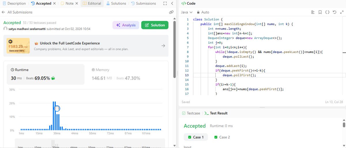 _Satya_madhavi's tweet photo. Day 16 🚀

Solved Sliding Window Maximum today! 

Today I learned how a Deque can be used to efficiently keep track of the maximum element in a sliding window.

#100DaysOfCode #Java #DSA #LeetCode https://t.co/71EjDMSGn2