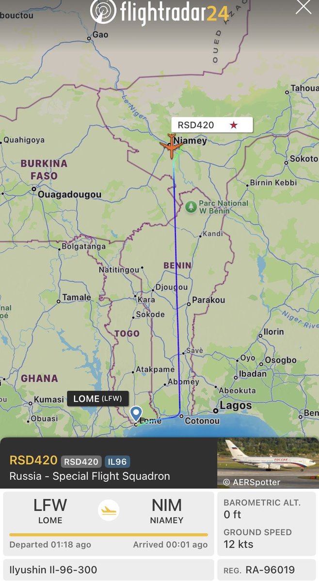 fabsenbln's tweet photo. #Niger🇳🇪 - This afternoon, a Russian🇷🇺 Special Flight Squadron Ilyushin II-96-300 (reg. RA-96019 | #157713) arrived in Niamey from Lomé🇹🇬. On board were Energy Minister Sergey Tsivilyov, Deputy Transport Minister Alexei Shilo, other officials and business representatives. https://t.co/cgnwaHHLMq