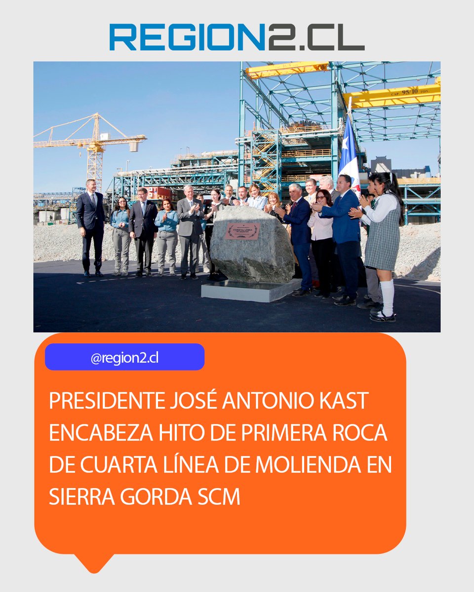 region2cl's tweet photo. Presidente José Antonio Kast encabeza hito de primera roca de cuarta línea de molienda en Sierra Gorda SCM
➡️https://t.co/UnvAPyKfrT⬅️
#Antofagasta #Calama #Tocopilla #Taltal #Mejillones #Maríaelena #Baquedano #Sierragorda #Sanpedrodeatacama #Chile https://t.co/8R5BRMuGnZ