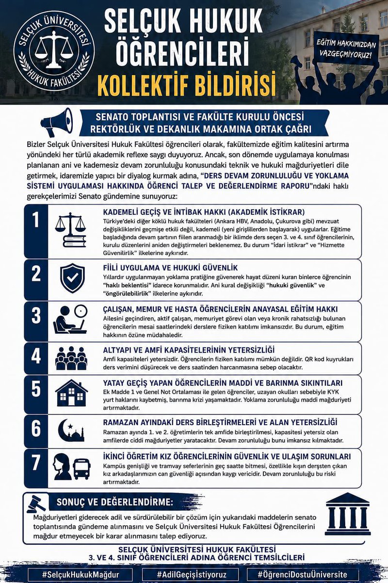 su_hukukmagduru's tweet photo. Selçuk Hukuk 40 yıldır süren teamülün gereğini istiyor! İİBF ve diğer fakülteler gibi esnetme kararı bizim de en doğal hakkımız. Mağduriyetler giderilsin, sesimiz duyulsun!
#selcukhukuk #suhfyoklamayikaldir #suhfyoklamahayir @bakbulutberrin @latifselvi42 https://t.co/F1AfDm5dgf