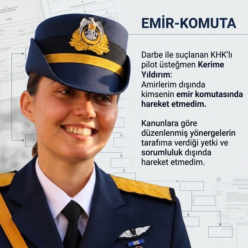odakdunyam's tweet photo. Darbe ile suçlanan KHK’lı pilot üsteğmen Kerime Yıldırım:

“Amirlerim dışında kimsenin emir komutasında hareket etmedim.

Kanunlara göre düzenlenmiş yönergelerin tarafıma verdiği yetki ve sorumluluk dışında davranmadım.”

KerimeYıldırıma SesOl https://t.co/gDlwu2et9b