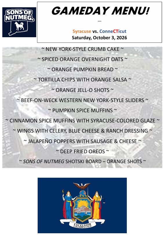 MarcjzHARTFORD's tweet photo. Connecticut! Our @SonsOfNutmeg menu has been finalized for tomorrow as @CuseFootball comes to The Rent! #PackTheRent and see everyone tomorrow! This is a huge game! Let's go Huskies! π #BlockC @UConnFootball @KSOB9188 @mkabs320 https://t.co/t3kGt7ycNs