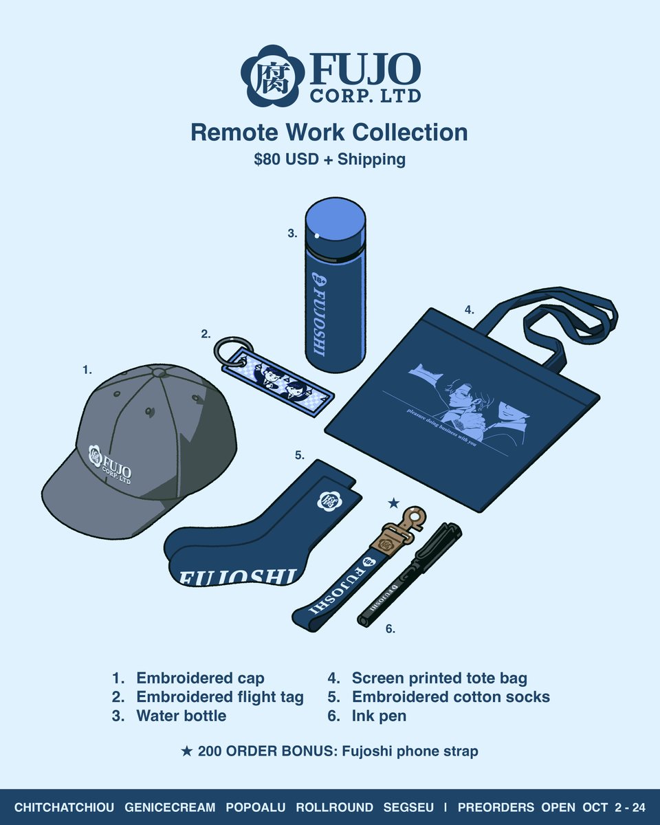 genicecream's tweet photo. Good afternoon to all prospective staff, FUJO CORP LTD. is pleased to announce that preorders are open for our Remote Work Collection.

💙 New and improved items
💙 Water bottle for your thirst
💙 Our returning stars: Fujo Hat &amp; Pen

https://t.co/ls7FRHtRnZ https://t.co/dOXJZW22s2