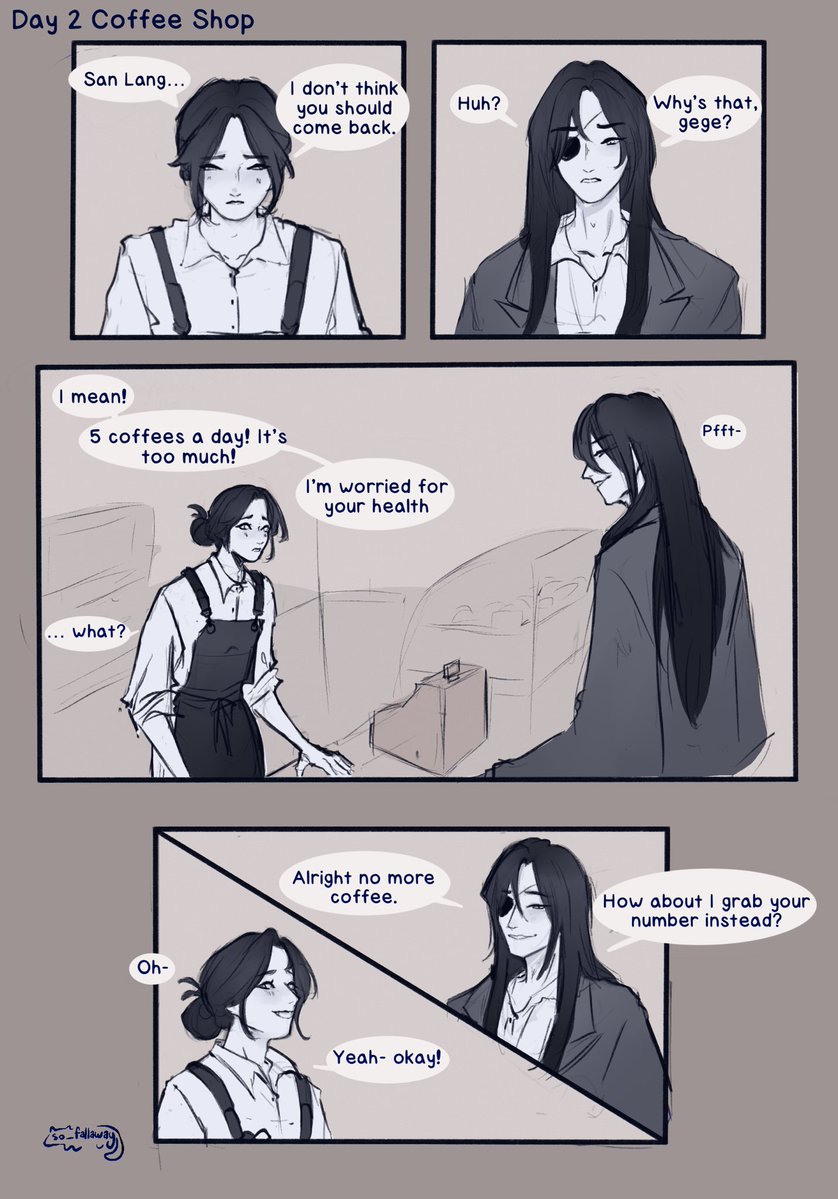 so_fallaway's tweet photo. au-tober day 2 - coffee shop 

hua cheng has been getting coffee here an unhealthy amount of time.. it’s becoming a concern #hualian #tgcf https://t.co/E0YYm6F2MW